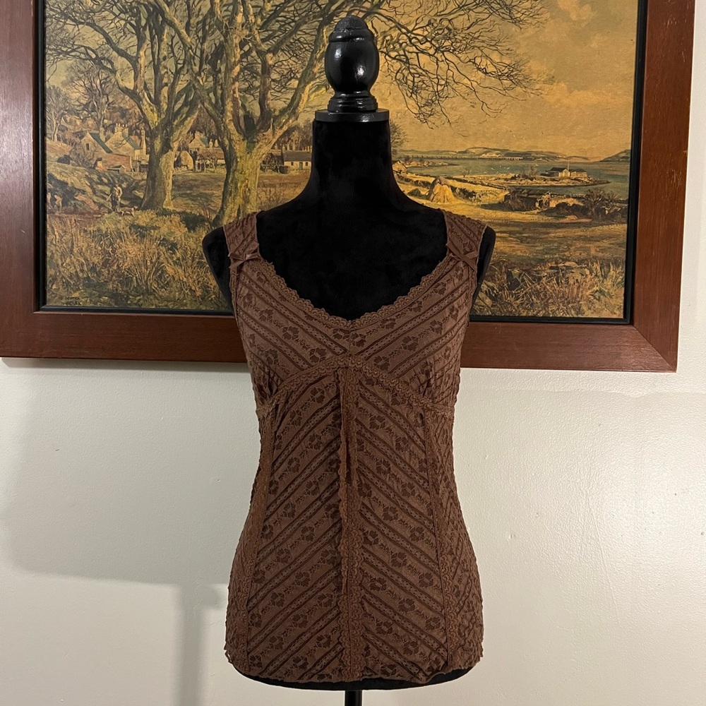 Y2K Coquette sheer brown floral lace bow fairy festival tank top small